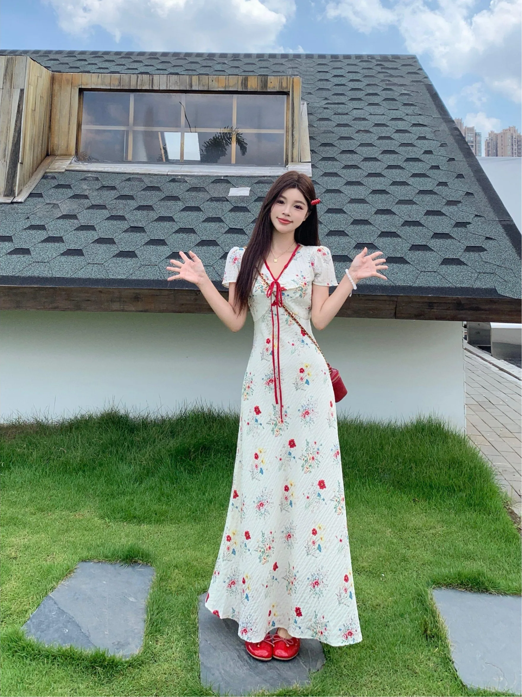 

plus Size Floral Print Dress V-Neck Short Sleeve Waist-Cinching Gentle Style Mid-Length A-Line Skirt Korean Style Summer Dress