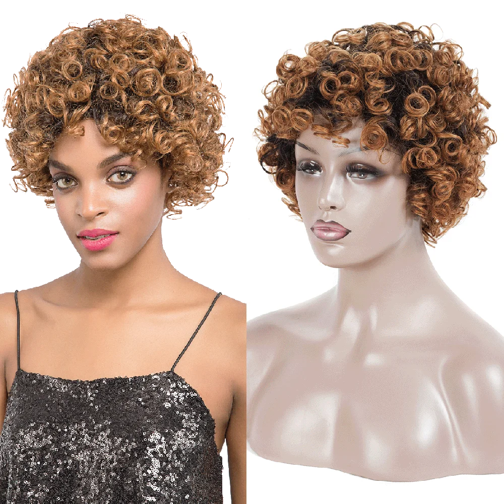 Omber Bouncy Human Hair Wigs T1B/30 Spiral Curl Human Hair Wigs Glueless Omber Brown Fringe Machine Human Hair Wigs HairUGo