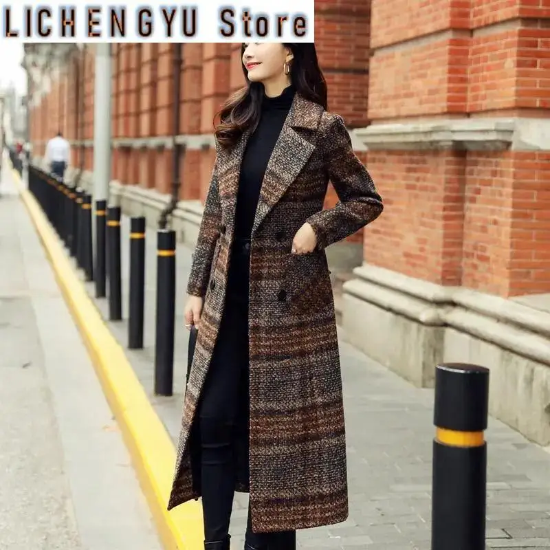 Plaid Woolen Coat Women Long Korean Style Waist Waist Female Autumn Winter New Thick Slim-fit Over-the-knee Woolen CoatM540