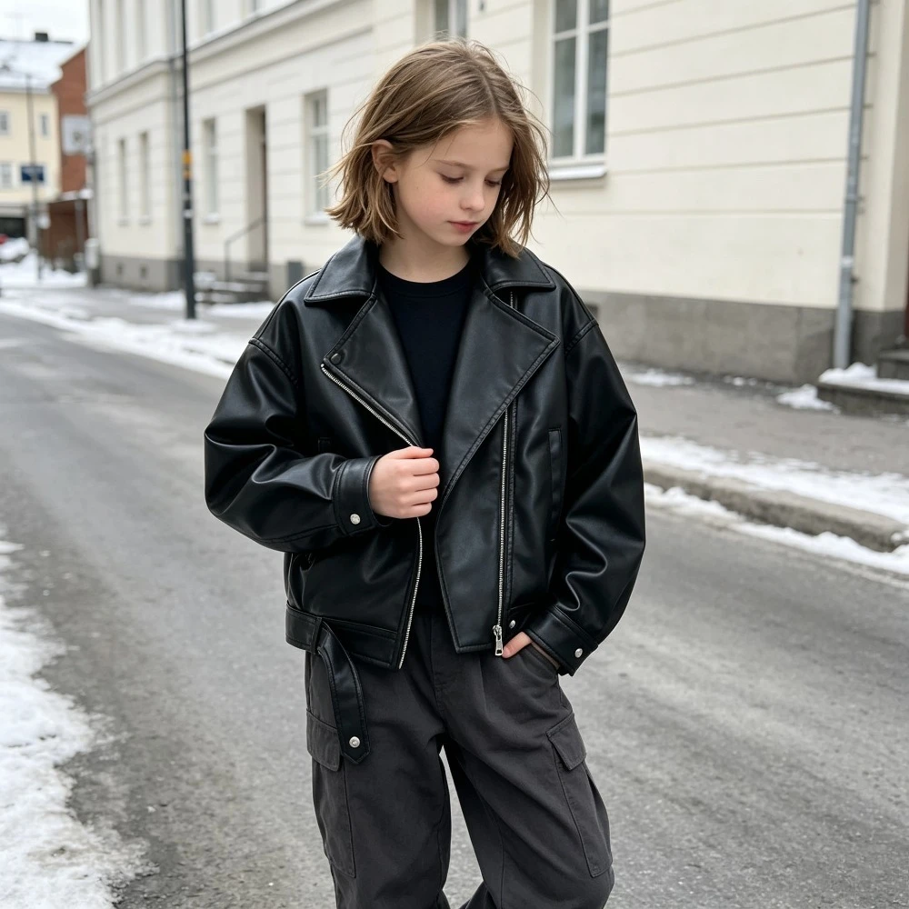 Kids PU Leather Jacket Moto Biker Coat Asymmetrical Zipper Belted Lapel Collar Boys Girls Trendy Streetwear Outwear Spring Fall