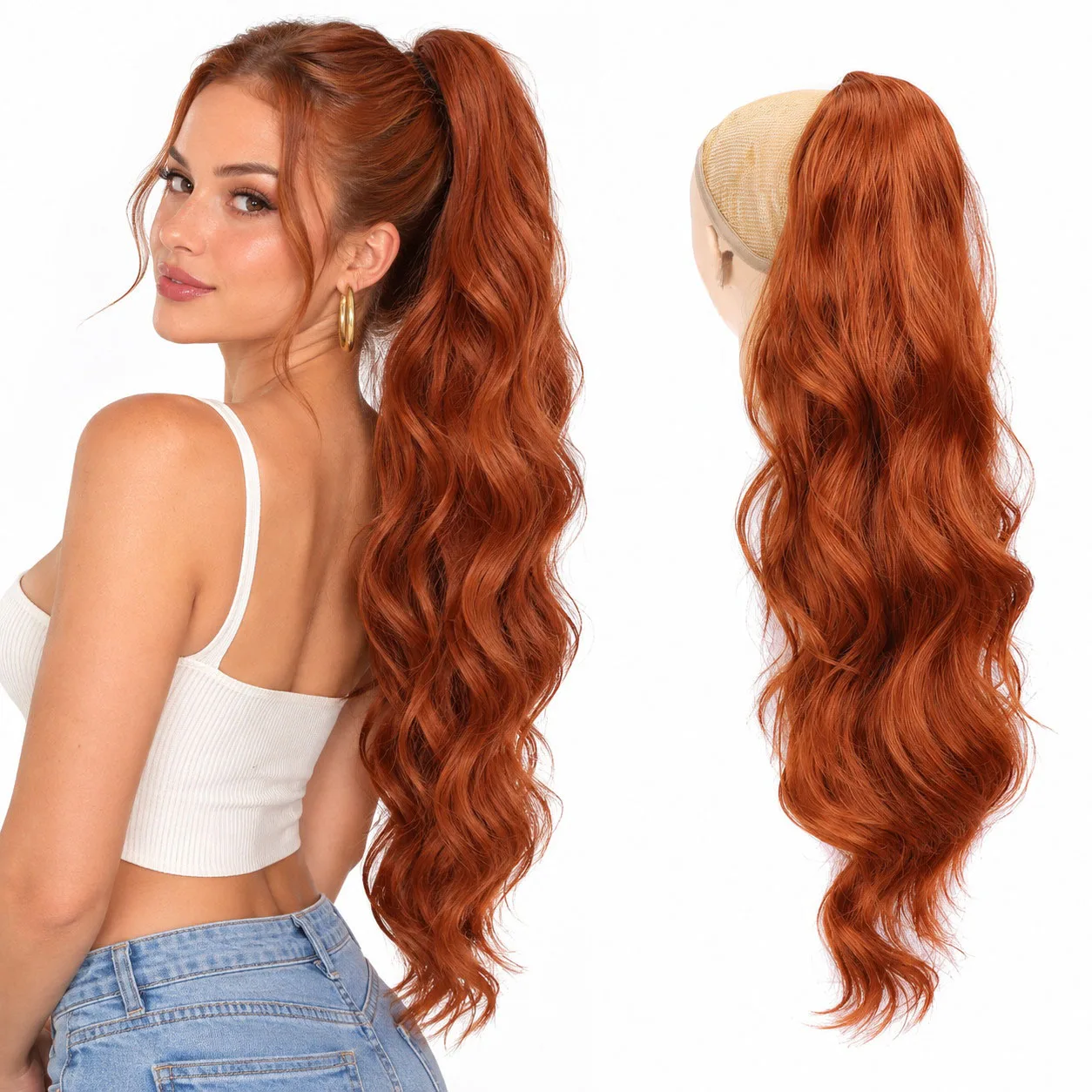24 Inch Wavy Ponytail Extension Copper Red Drawstring Hairpiece Voluminous Water Wave Synthetic Hair for Women Party Daily Style