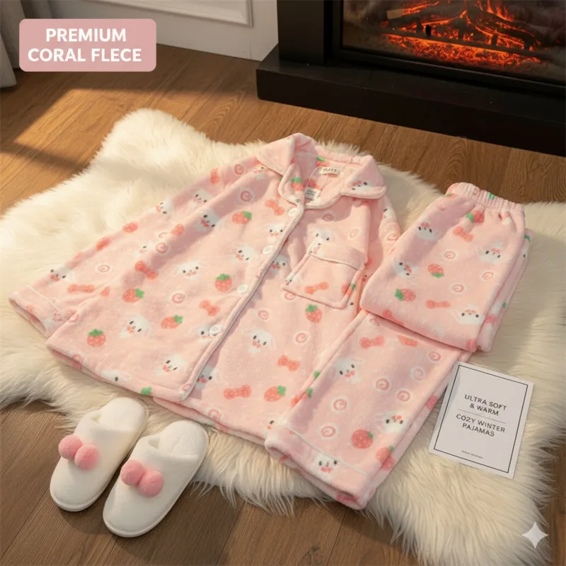 

Bunny Strawberry Pink Pajama Set Girls Y2K Cartoon Sleepwear Thick Fleece Warm Homewear Suit Cute Sweet Winter Pajamas Suit New