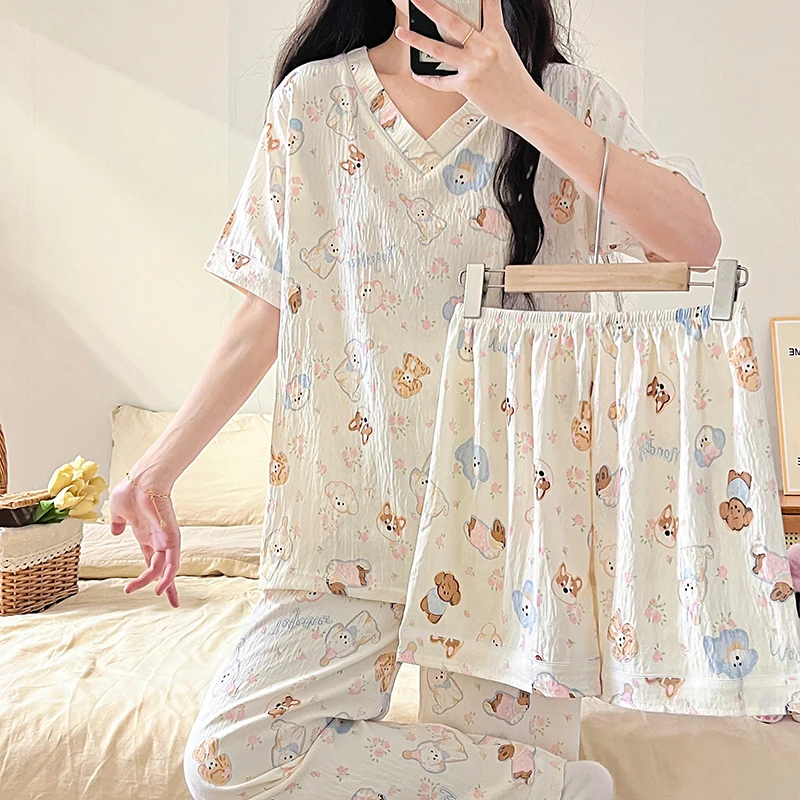 V Neck Three Piece Pajamas Set Summer Short Sleeve Women Sleepwear Suit Cloud Cotton Nightwear Cartoon Sweet Thin Pyjama Female 3