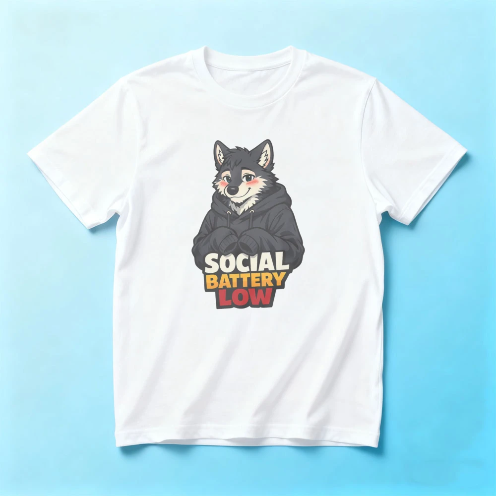 SOCIAL BATTERY LOW Shy Anthro Wolf Furry Shirt Introvert Canine Cartoon Graphic Printed Tee Fluffy Lover Tshirt Men Fashion Tops