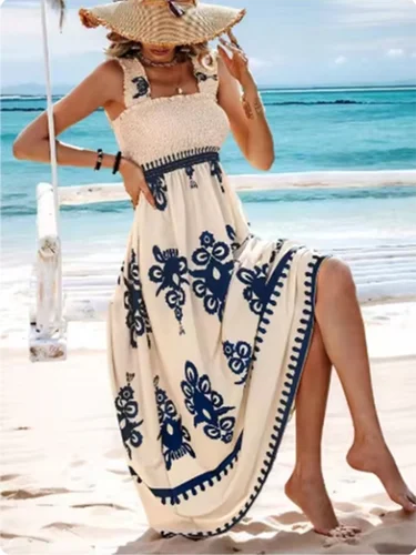 Vestido estampado de cuello cuadrado sin mangas para mujer, tirantes, cintura alta, línea A, bata de vacaciones de playa, Verano