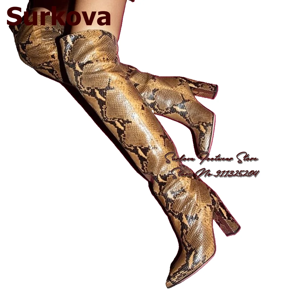 Surkova Brown Snakeskin Chunky Heel Boots Over The Knee Python Thigh High Boots Fall Winter Long Boots Big Size46 Dropship Shoes