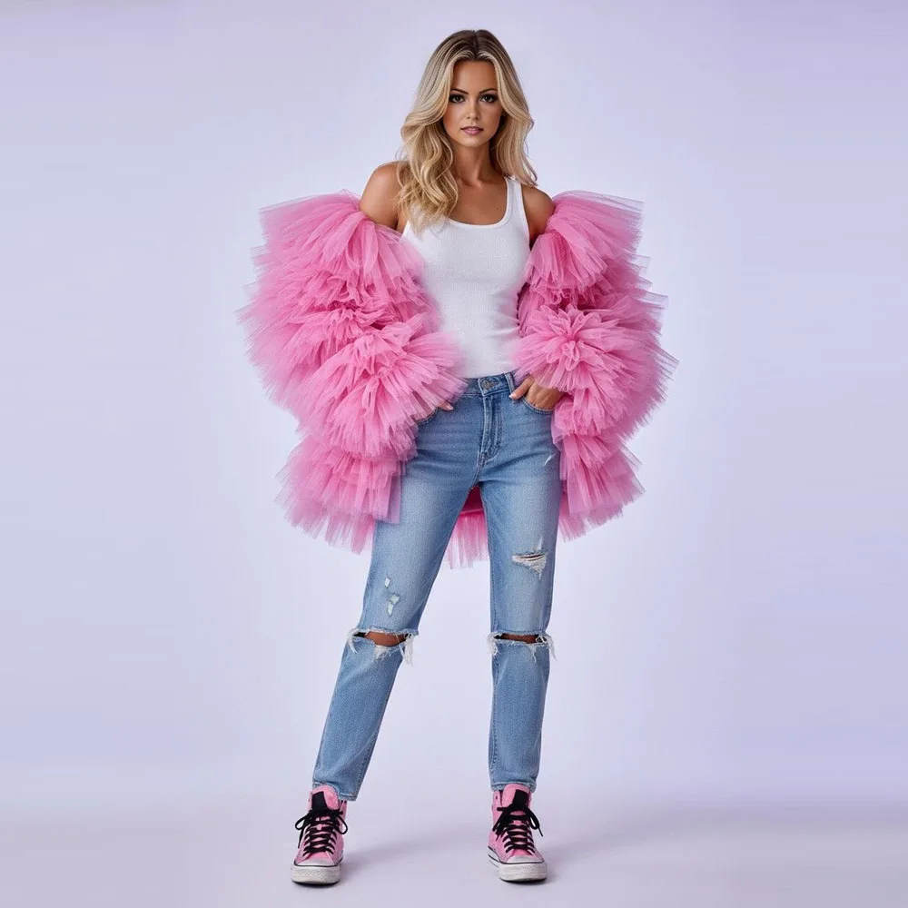 

Красивая розовая тюлевая женская куртка с длинными рукавами, нормальная длина, женская пачка большого размера, верхняя одежда, пальто на день рождения