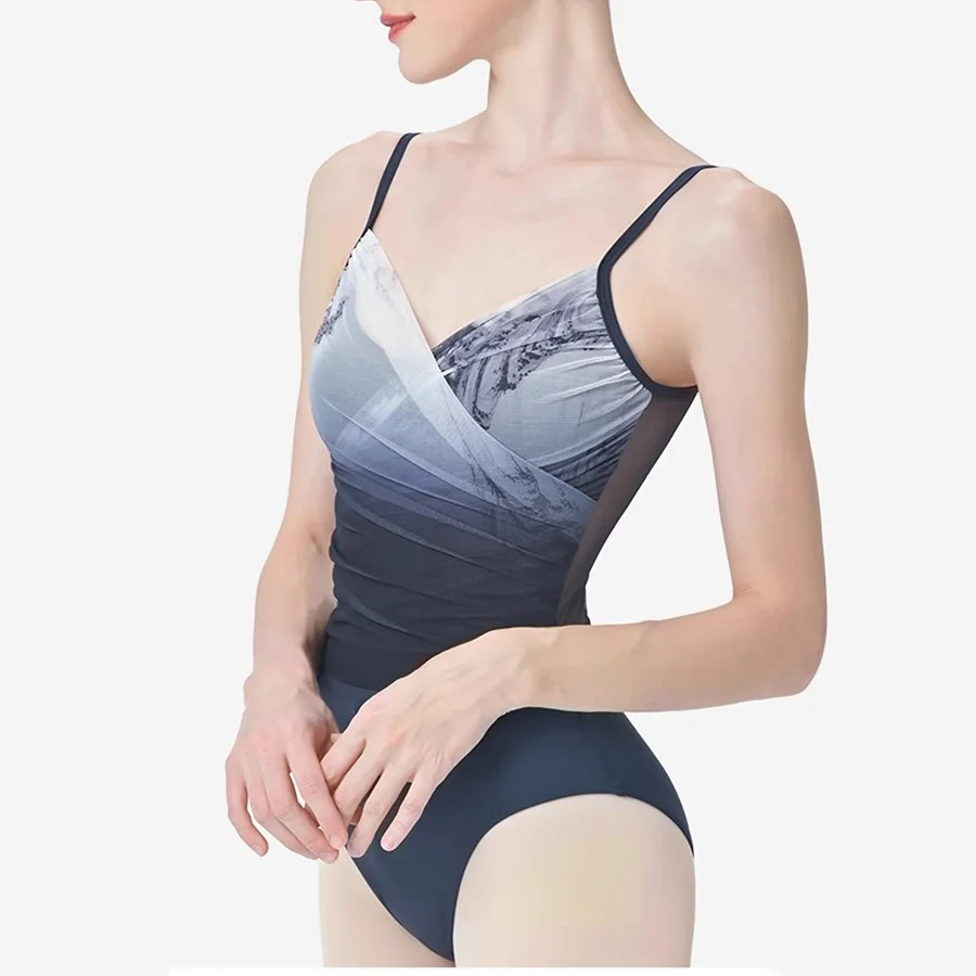Tie-Dye Chinese style print ink wash Ballet Bodysuit Women V-Neck Camisole Leotard for Dance Training & Practice