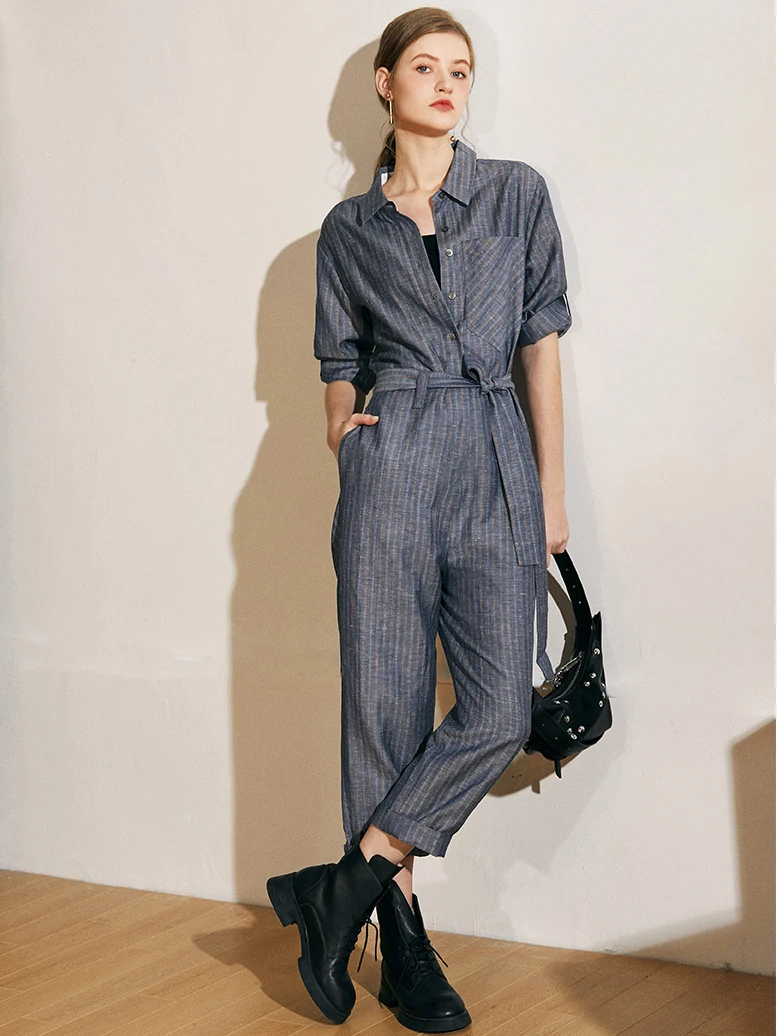 Jumpsuits Women Fabric 62% Wool 38% Linen Turn-down Neck Stripe Full Length Wide Leg Elegant Style Ladies New Fashion