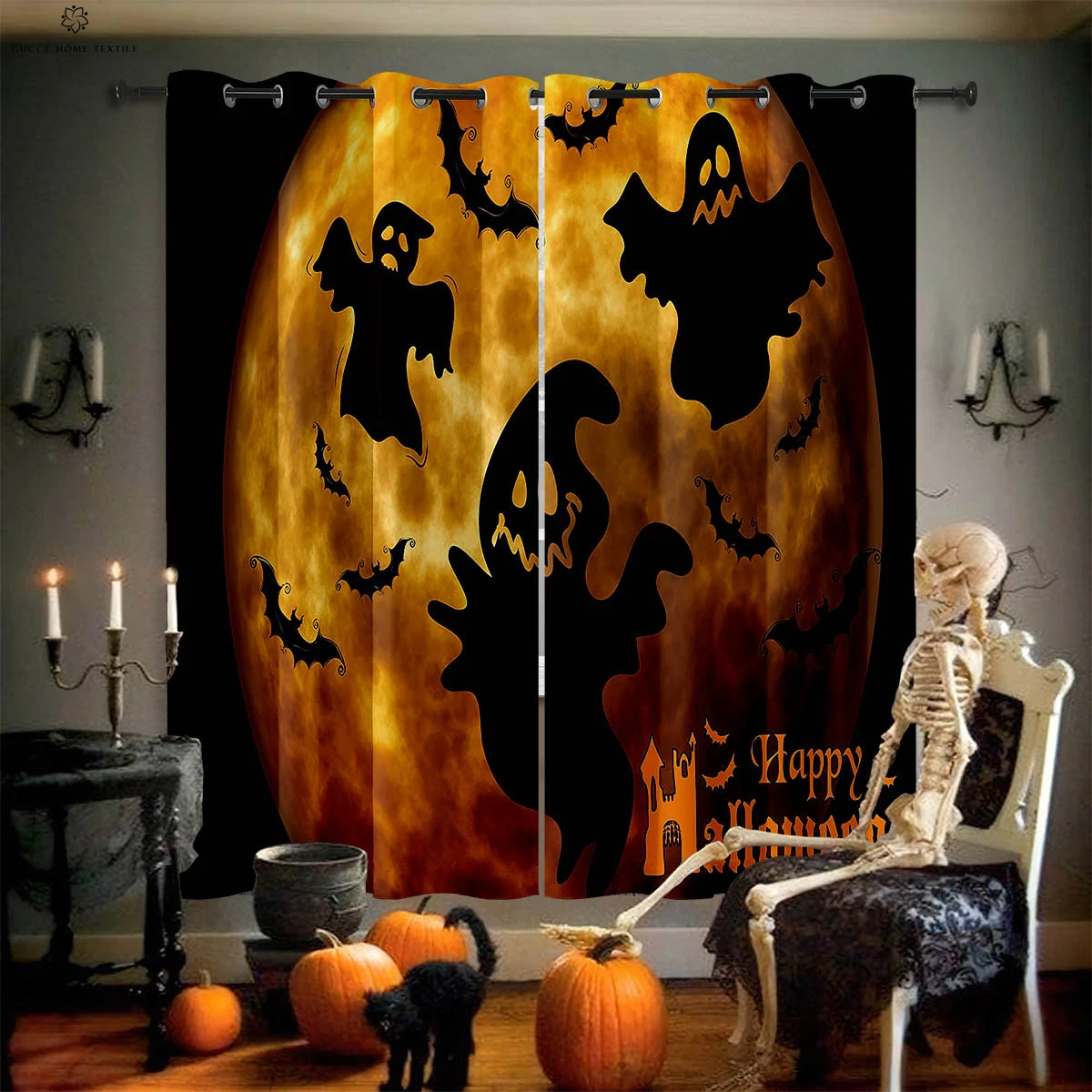 

Halloween Moon and Witch Pumpkin Print Curtains, Dining Room, Bedroom, Holiday Party Decoration, 2 Pack