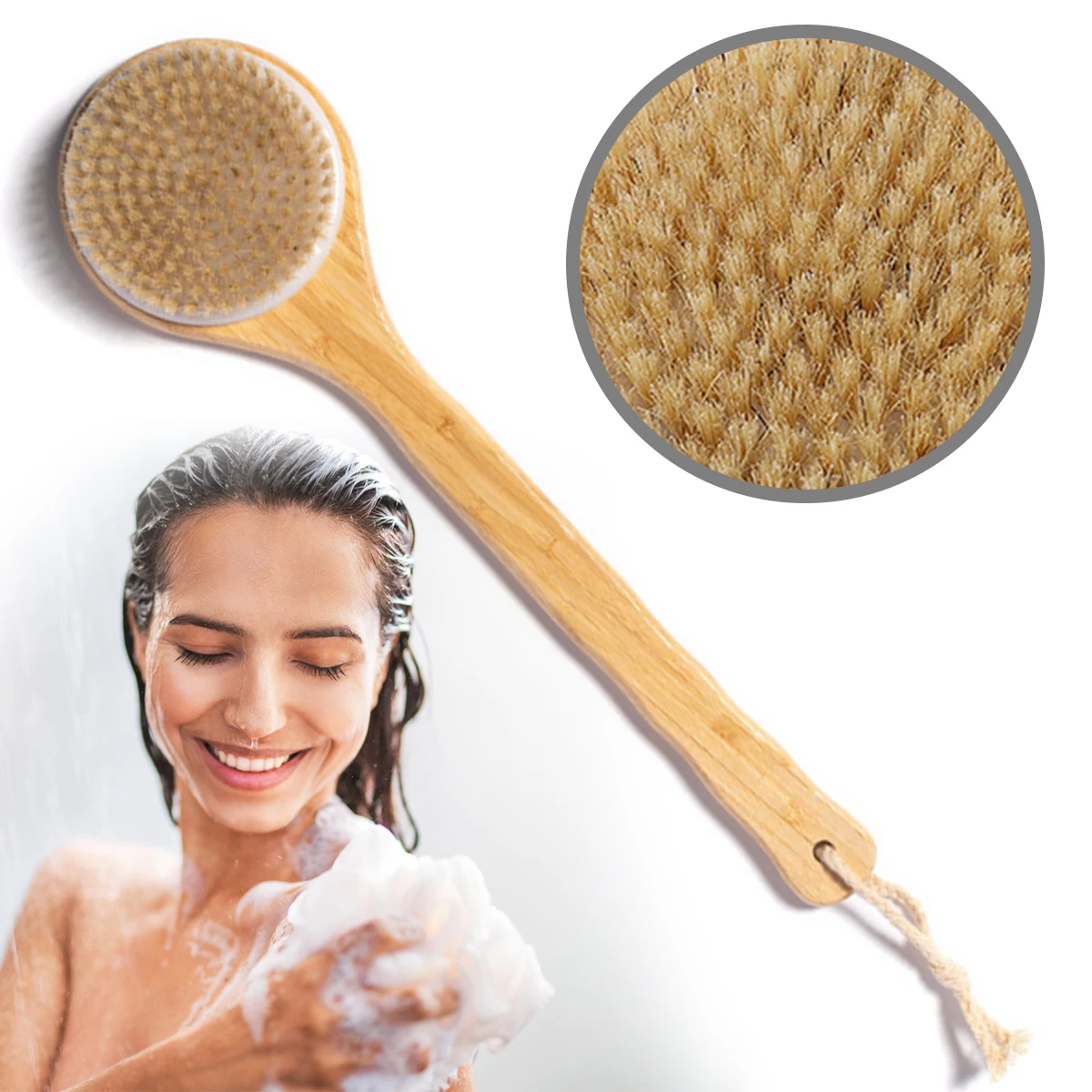 Body Brush for Shower Comfortable Soft Bristle Bath Brush Wooden Bath Brush for Men Women Long Handle Back Scrubber with Lanyard