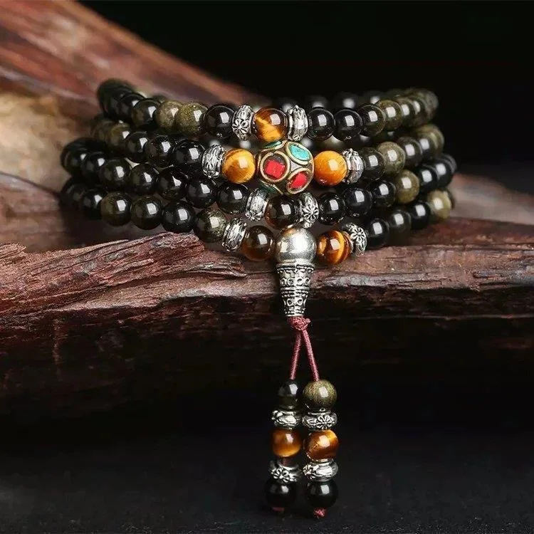 

Natural 108 obsidian crystal bracelet with Nepalese beads + natural tiger eye bracelet for men and women