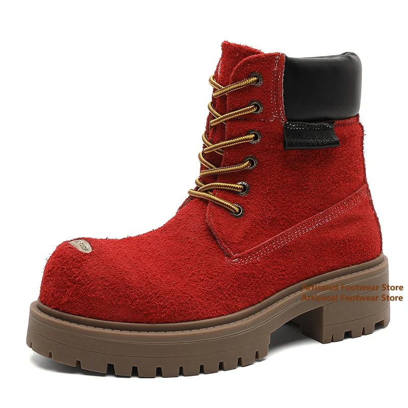 Big Round Toe Men's Boots Thick Bottom Height Increasing Motorcycle Boots Retro Classic Outdoor Designer Handmade Men Boots