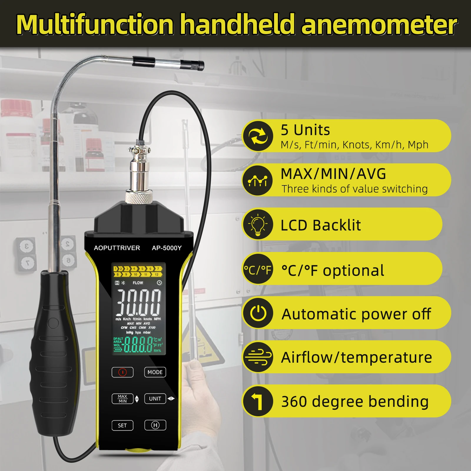 HVAC Wind Meter Hot Wire Anemometer with Telescopic Probe, USB Data Export, Temperature and Humidity Air Flow Velocity, HP-5000Y