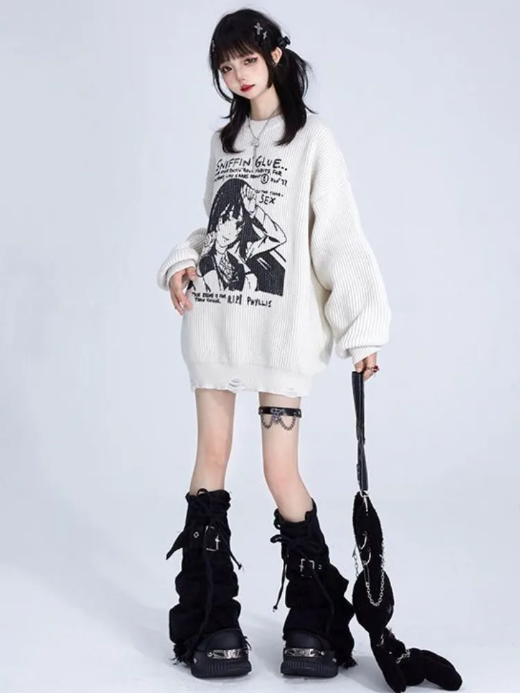 Oversized Harajuku Grunge Cartoon Jacquard Sweaters Streetwear Vintage Preppy Jumpers 2024 Women Y2k Aesthetic Casual Pullovers