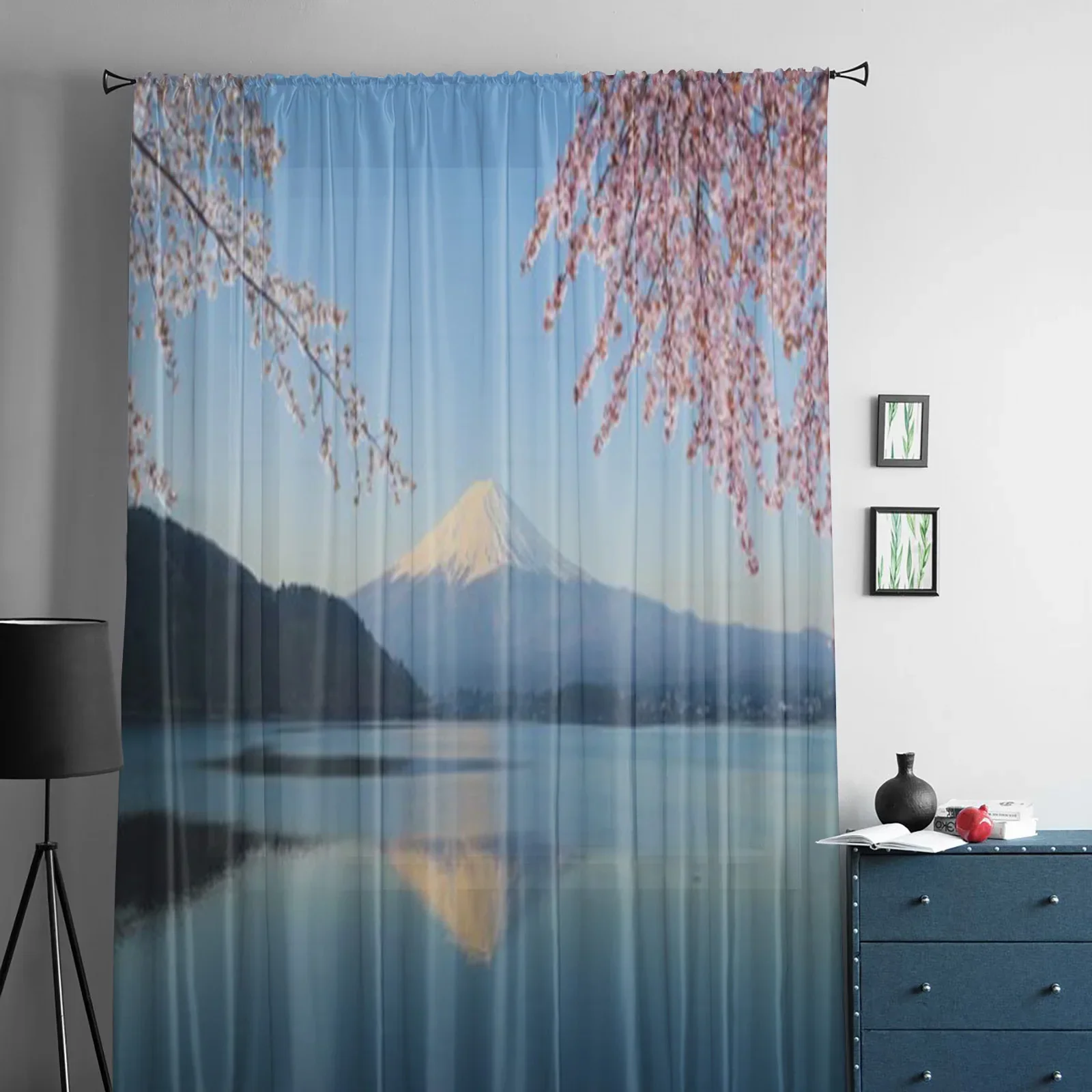 Mount Fuji With Cherry Blossom View From Lake Kawaguchiko Japan Sheer Curtains for Room Bedroom Window Voiles Tulle Curtain