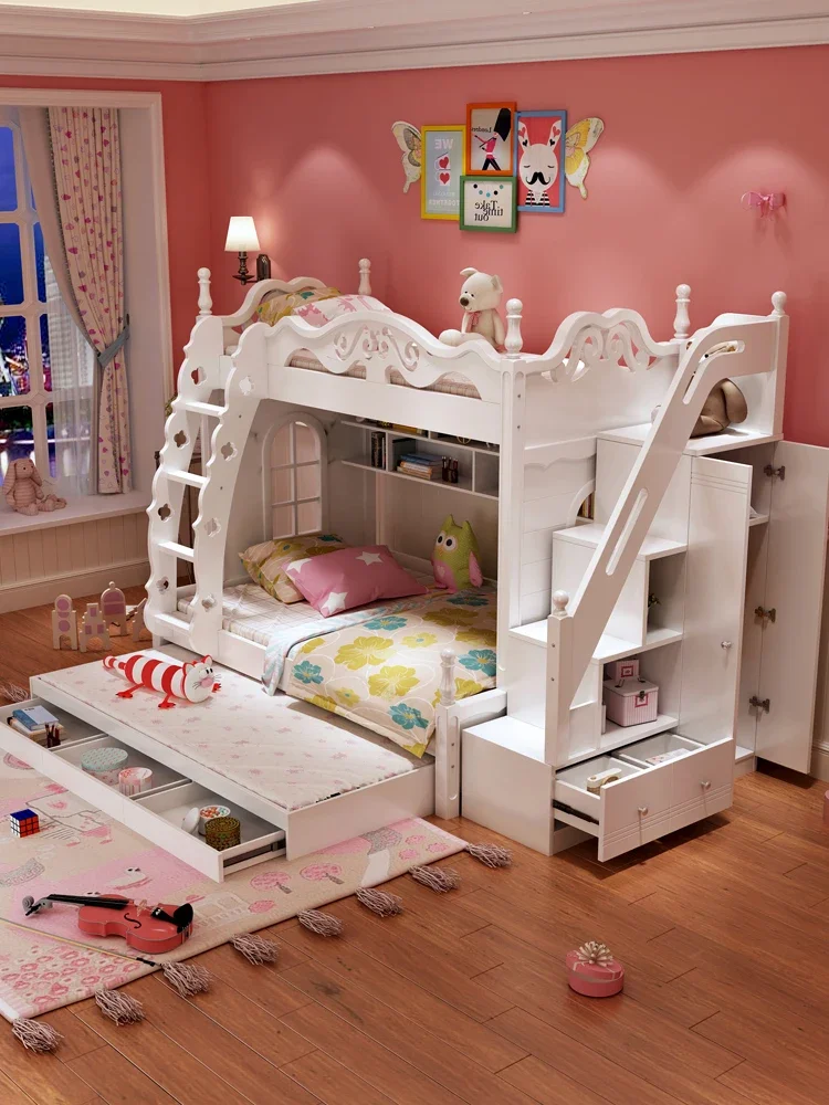 

Upper and lower bunk beds, upper and lower bunk beds, high and low bunk beds, dreamy multifunctional solid wood princess beds