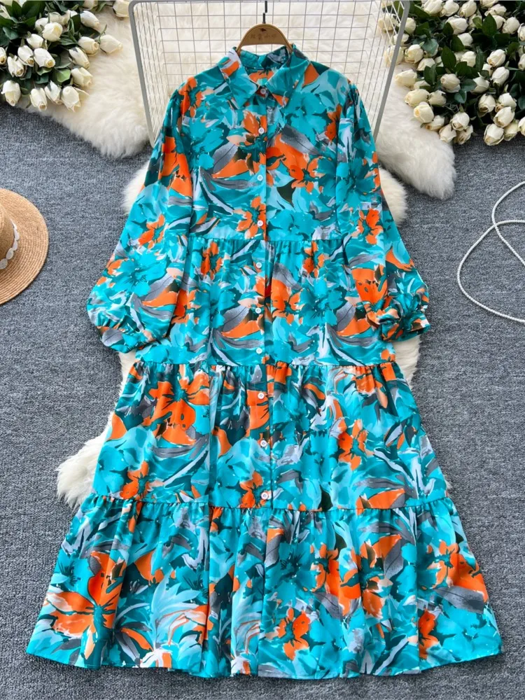 Vestido de manga larga con estampado Floral para mujer, Vestido camisero informal con botonadura única, elegante, Vintage, moda de otoño