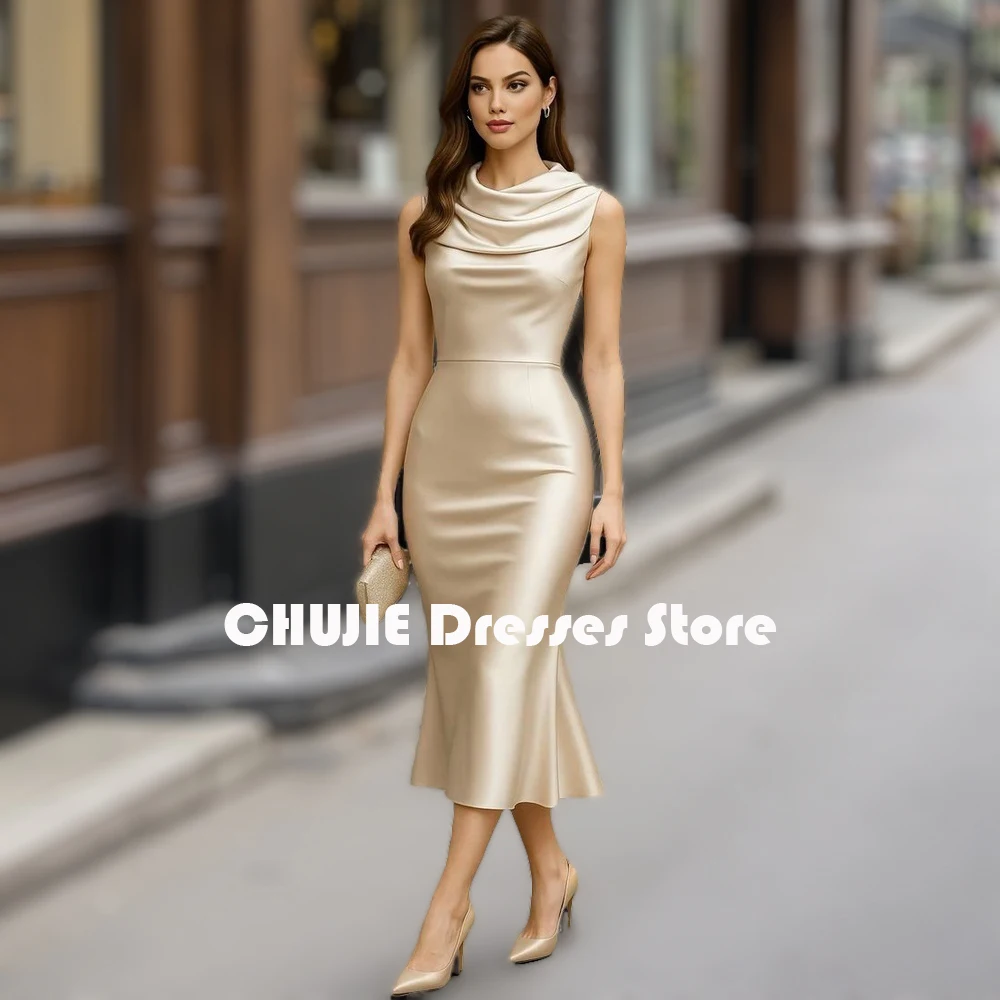 

Silk Satin Champagne Mother of The Bride Dresses Woman Tea Length Mermaid Evening Dress Wedding Party Prom Gowns Customized