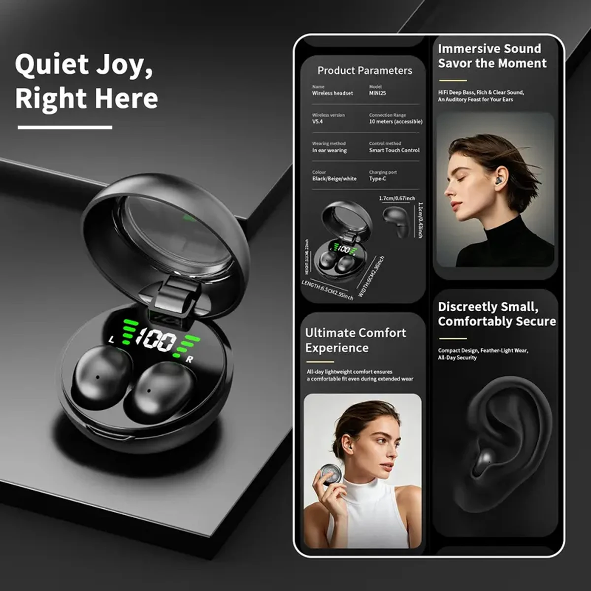 Mini Invisible Sleep Earbuds, TWS Wireless Bluetooth Headphones LED Digital Display Hidden In Ear Earphone