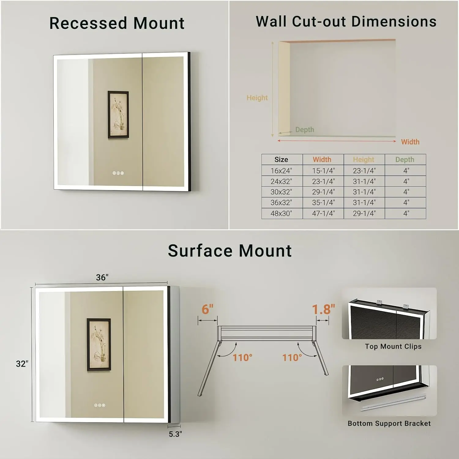 36x32 LED Medicine Cabinet, Black Frame, Plug/Hardwired, Recessed/Wall Mount, Anti-Fog, 3-Color Dimmable, USB-C&A+2 Outlets