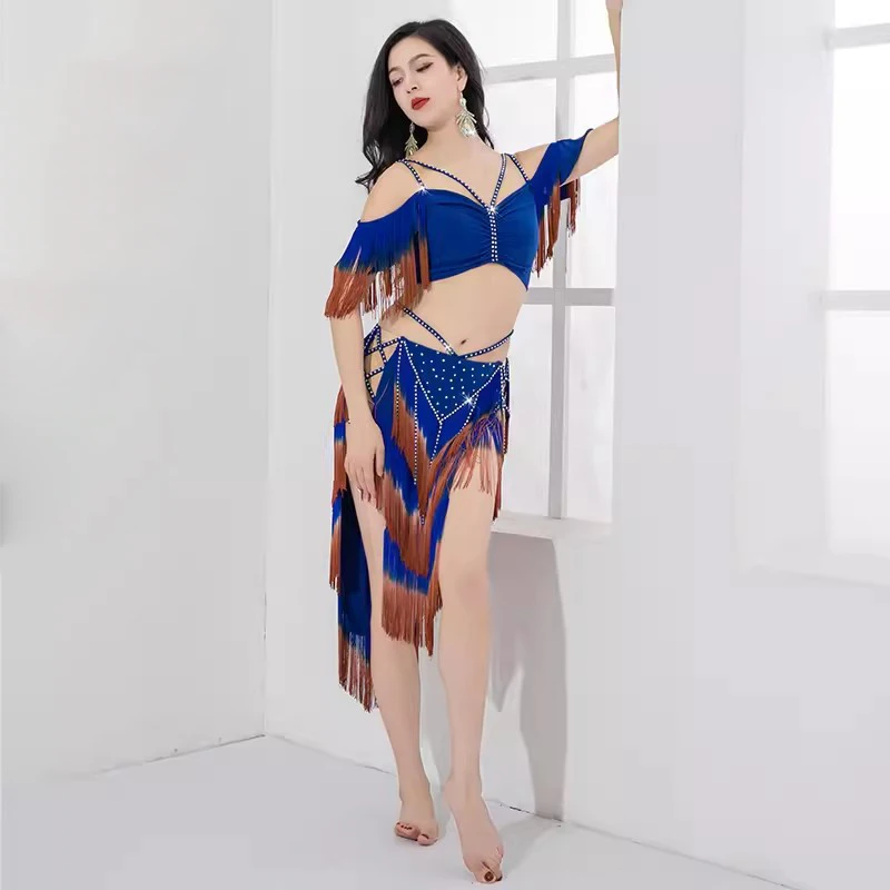 Girls Drum Solo Dance Competition Fringes Hip Skirt Contrast Color Outfit Sexy V Neck Belly Dance Costume Set 2pcs Top Skirt