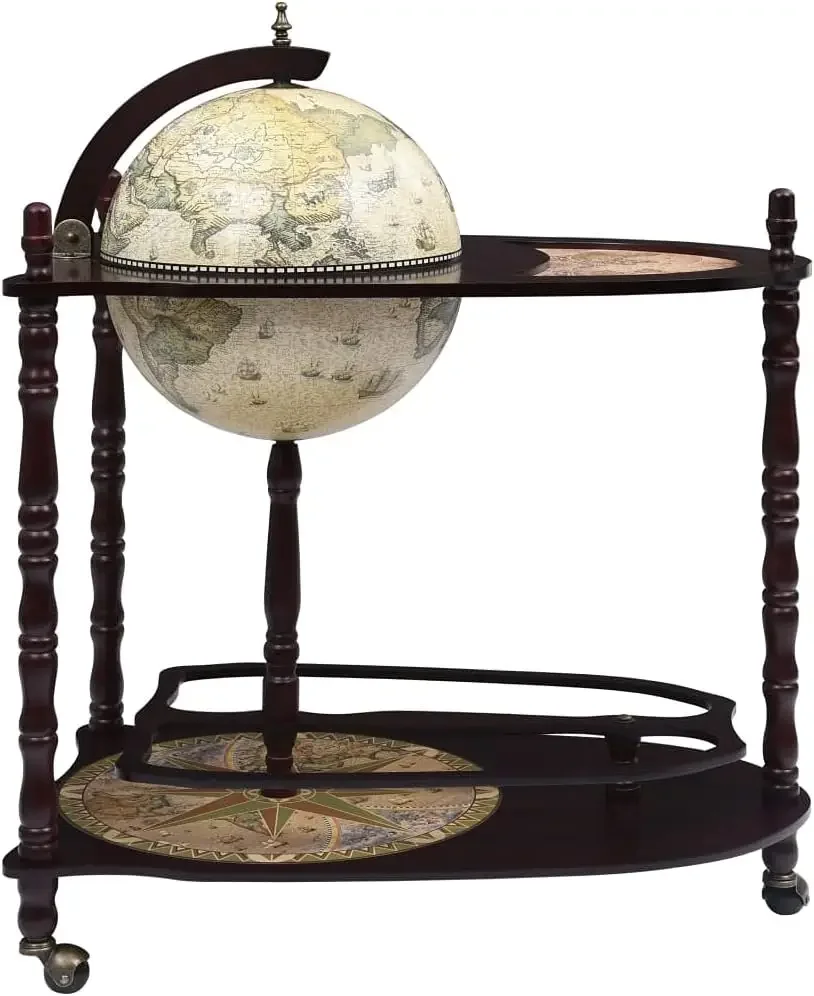 Freestanding Globe Bar Cabinet with Wine Storage-Eucalyptus Wood, with Renaissance era Paintings, Movable with Bottom Wheels.