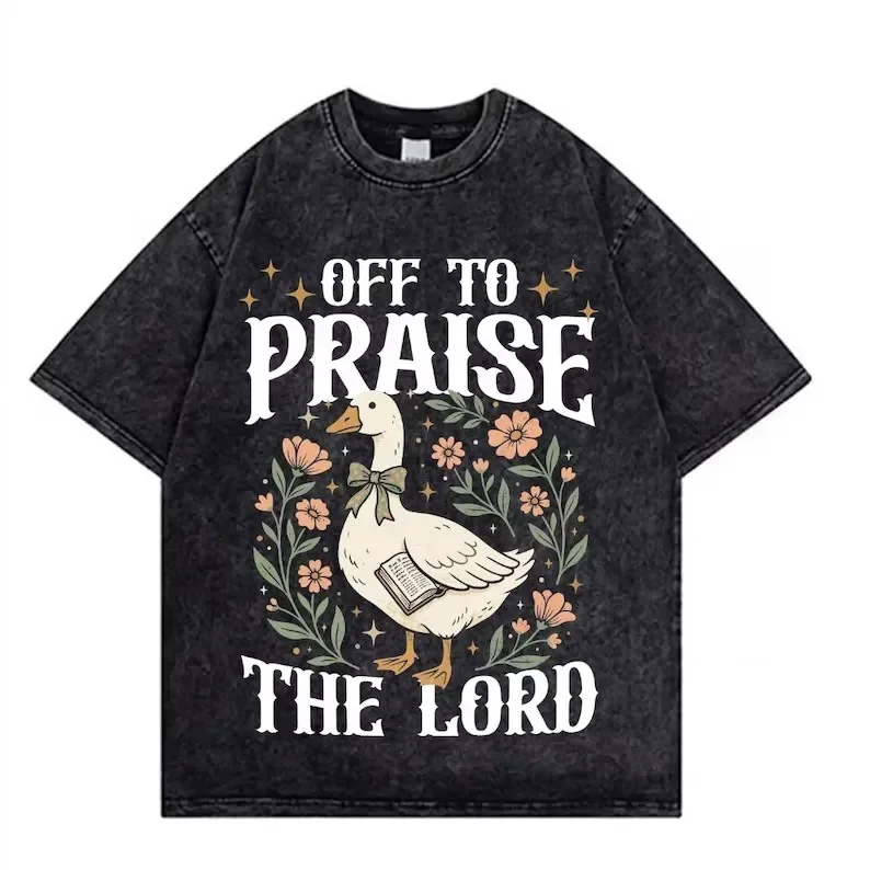 Vintage Washed Goose Praise The Lord T-Shirt Cottagecore Floral Graphic Tee Oversized Streetwear Hip Hop Acid Wash Gray Top Men