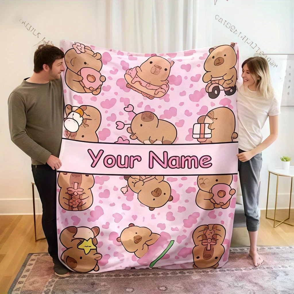 Customized name pink Capibara blanket, digital printing, sofa cover blanket, air conditioning blanket, nap blanket, gift blanket