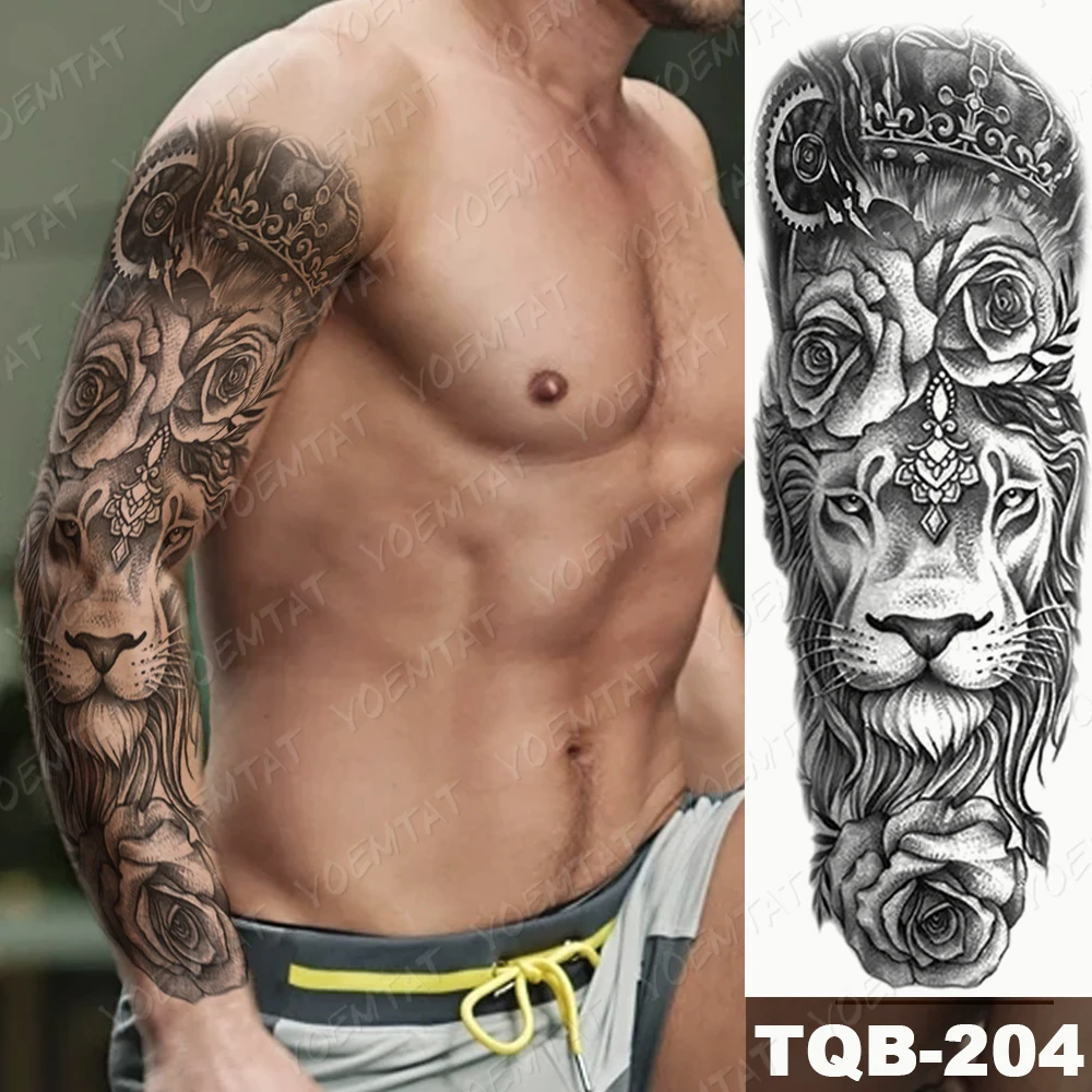 Large Full Arm Sleeve Waterproof Temporary Tattoo Sticker Clock Lion Rose Dove Tribal Totem Fake Tatoo Body Art Tatto Men Women