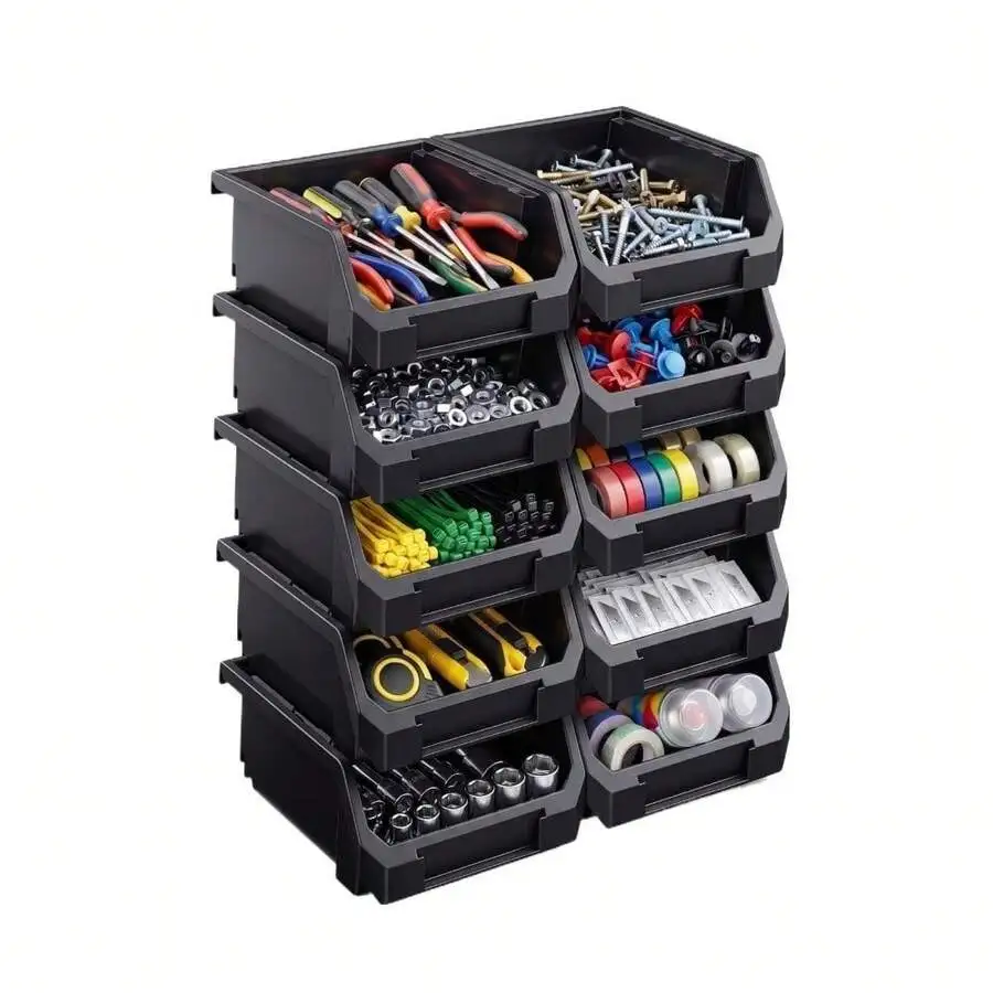 10 Pack Black Open Front Plastic Storage Bins, Stackable Wall Mounted Organizer , Multipurpose Garage Home Desktop Containers Fo