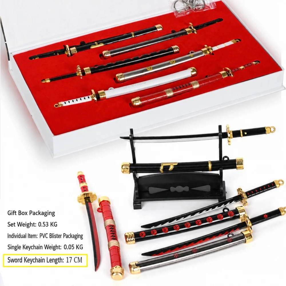 Chaveiros de Espada Zoro de Anime, Coleção Katana Estilo One Piece, Conjunto em Caixa para Cosplay, Exibição, Pingente de Bolsa, Suprimentos para Presente e Brinquedos