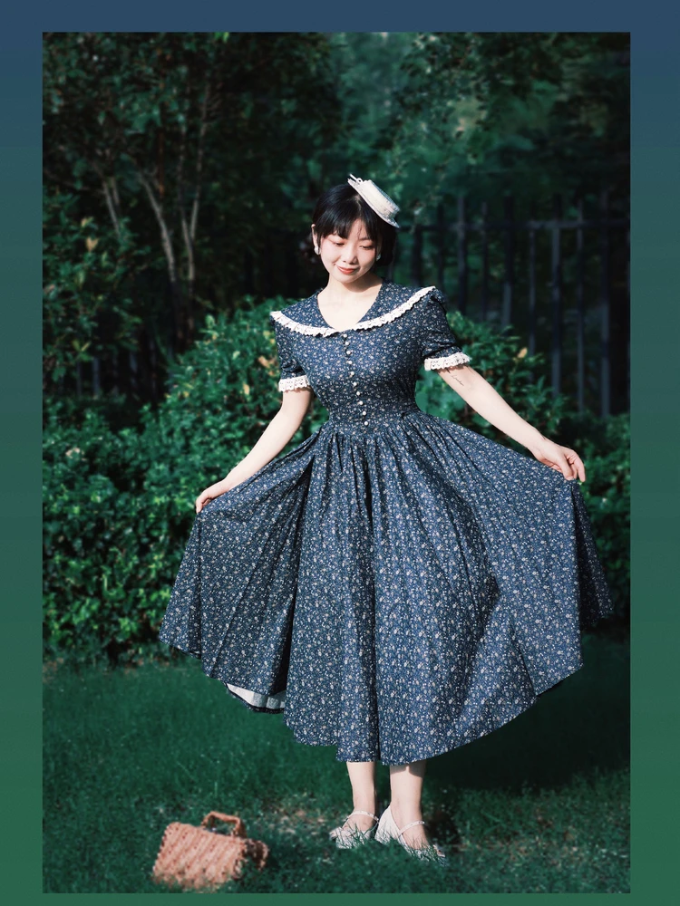 TIYIHAILEY Abito lungo da donna a metà polpaccio Manica corta Blu SL Pizzo di cotone Patchwork Stampato Colletto rovesciato estivo 2025 Nuovo
