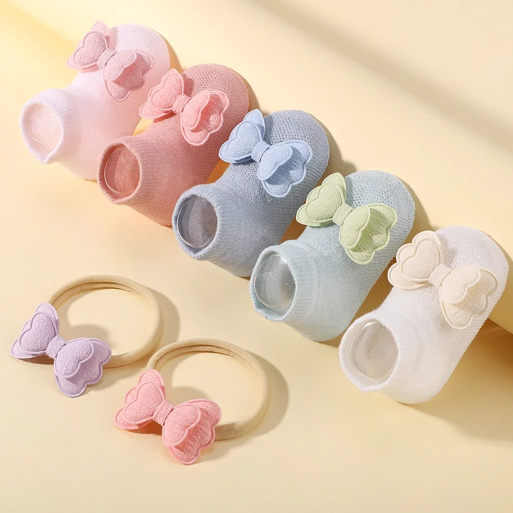 Kinder Sokken Hoofdband Sets Candy Color Katoenen Meisjes Ademende Sokken Schattige Strikjes Voor Kinderen Baby Klein Meisje Kleding Accessoires