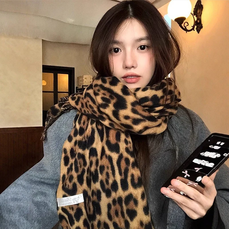 Leopard Print Scarf with Fringe Thin Soft Chiffon Wrap for Fall Winter Y2K Coquette American Style Neck Shawl 200cm