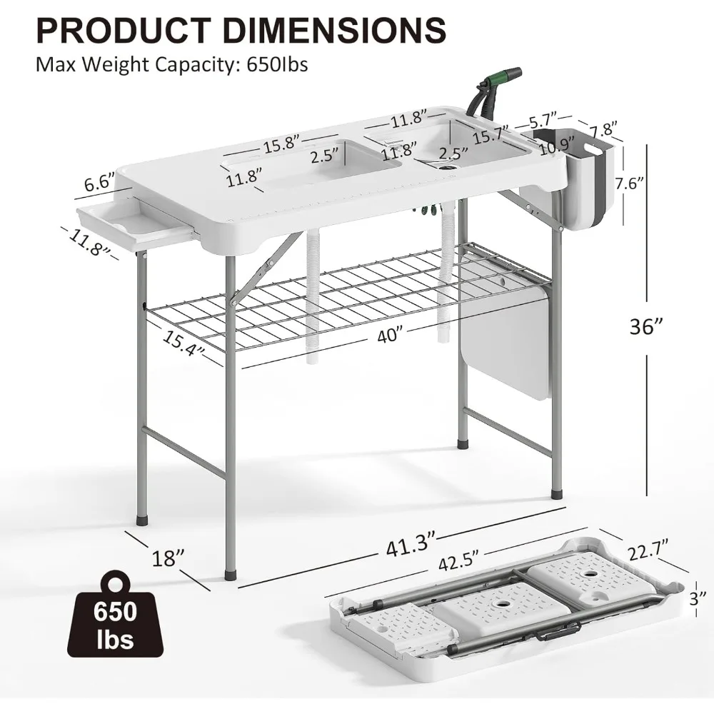 42.5" Fish Cleaning Table with Dual Sink, Portable Folding Camping Table with Faucet, Sprayer, Grid Rack, Hose Hook Up & Knife image 2