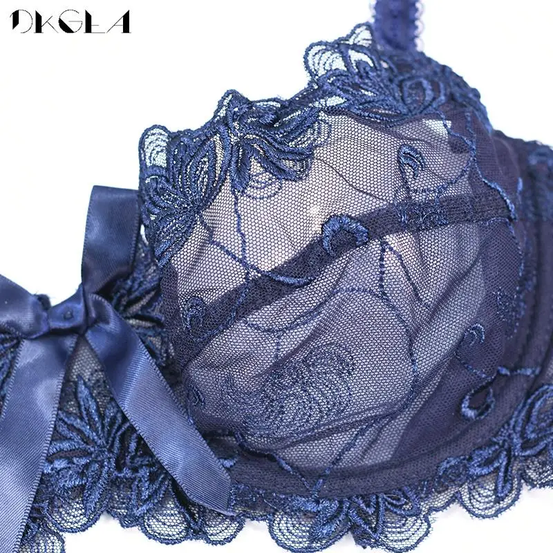 Blue Embroidery Lace Bra and Panties Sets Ultrathin Lingerie Women Transparent Bras C D Cup Plus Size Underwear Set Sexy Lady