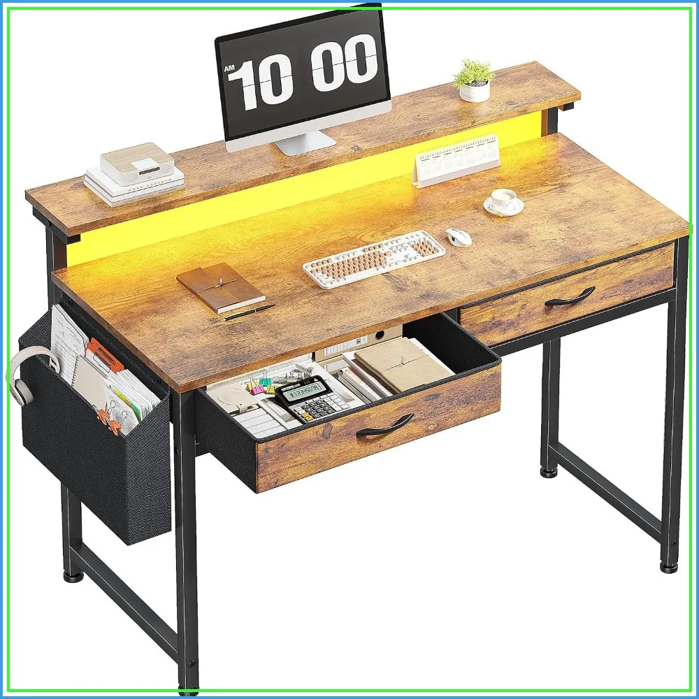 39.4 Inch, 2 Fabric Drawers Fabric, Rustic Brown Gaming Desk Home Office, Small Space, Study Writing