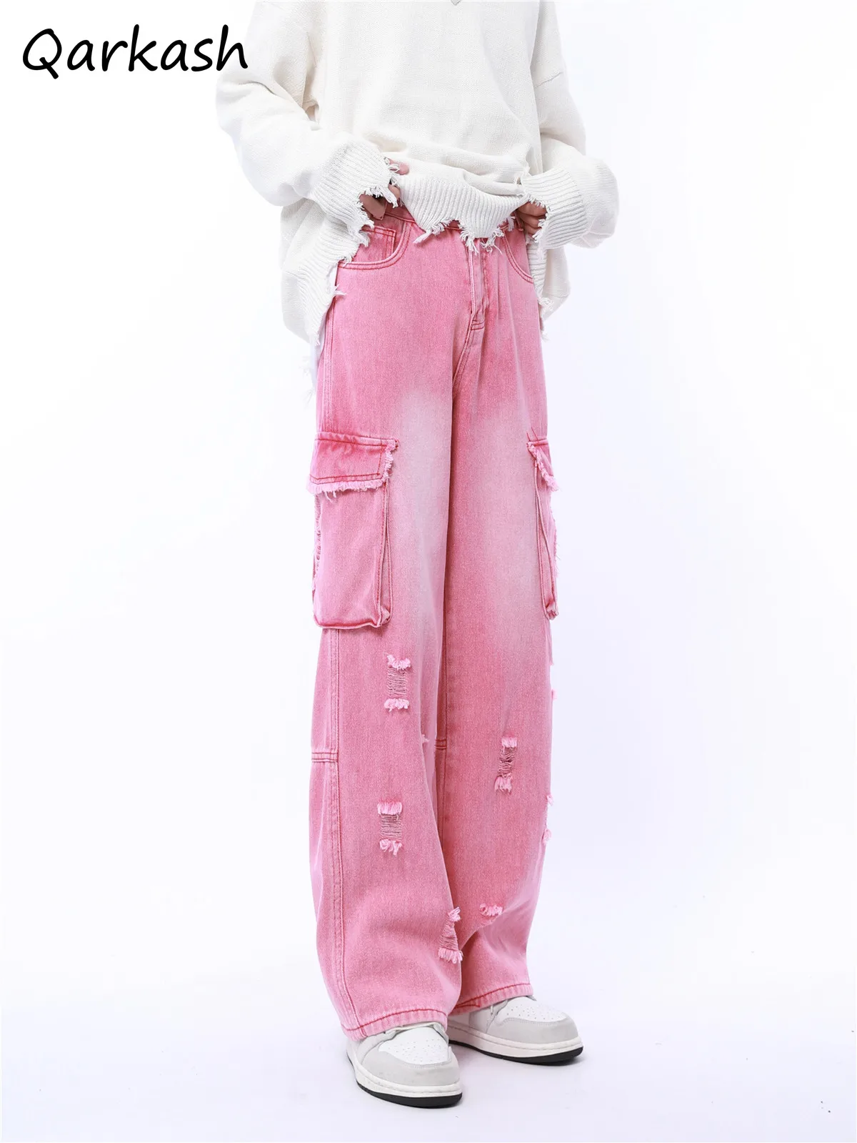 

Jeans for Women Couple Loose Korean Trendy Washed Frayed Pink Unique Straight Wide Leg Distressed Temperament Unisex Trousers