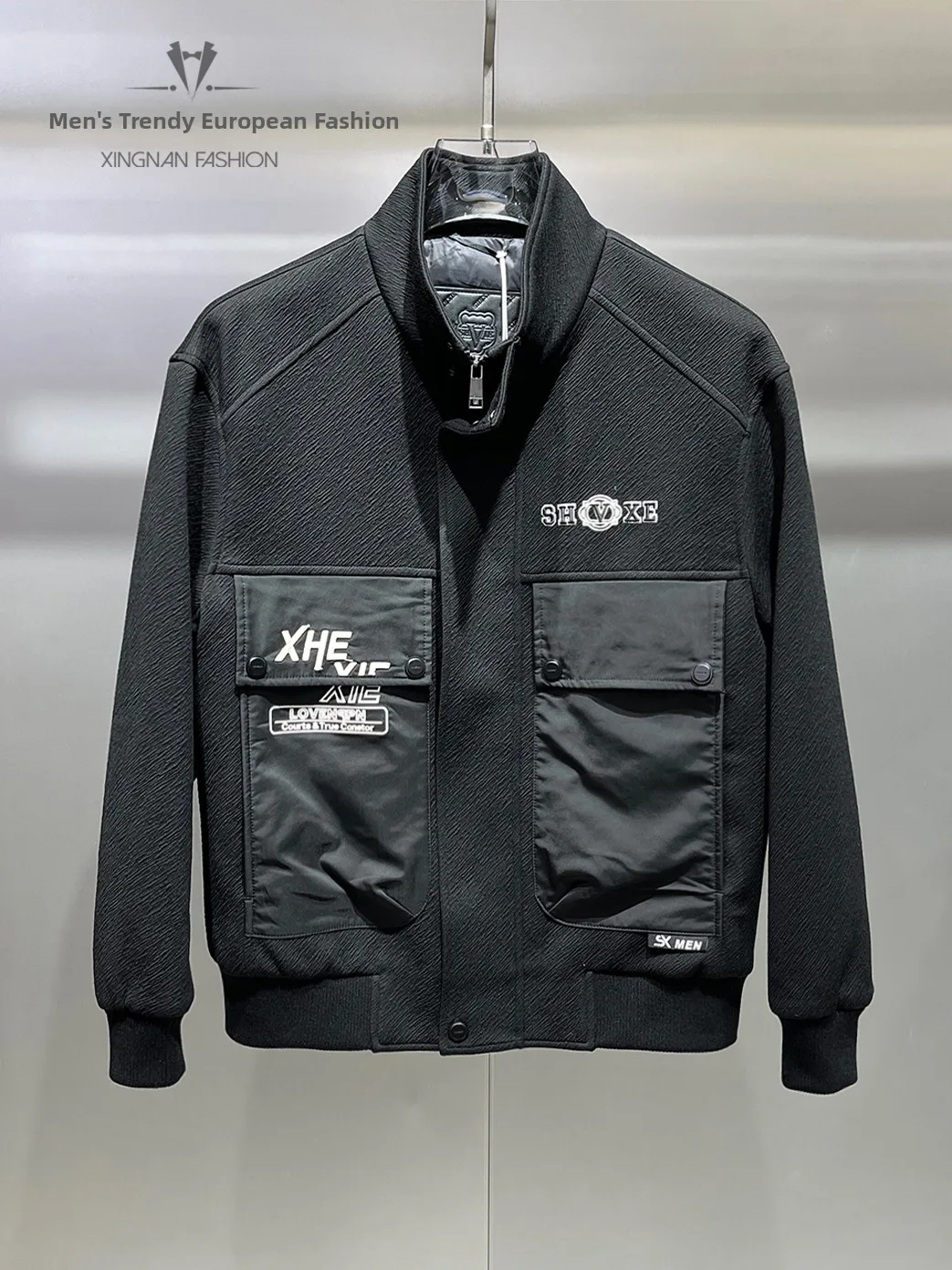 

Trendy Men's down Jaet Stand Collar Embroidery Du down Lettering Multi kets Faionable Workwear Sle Winter Coat