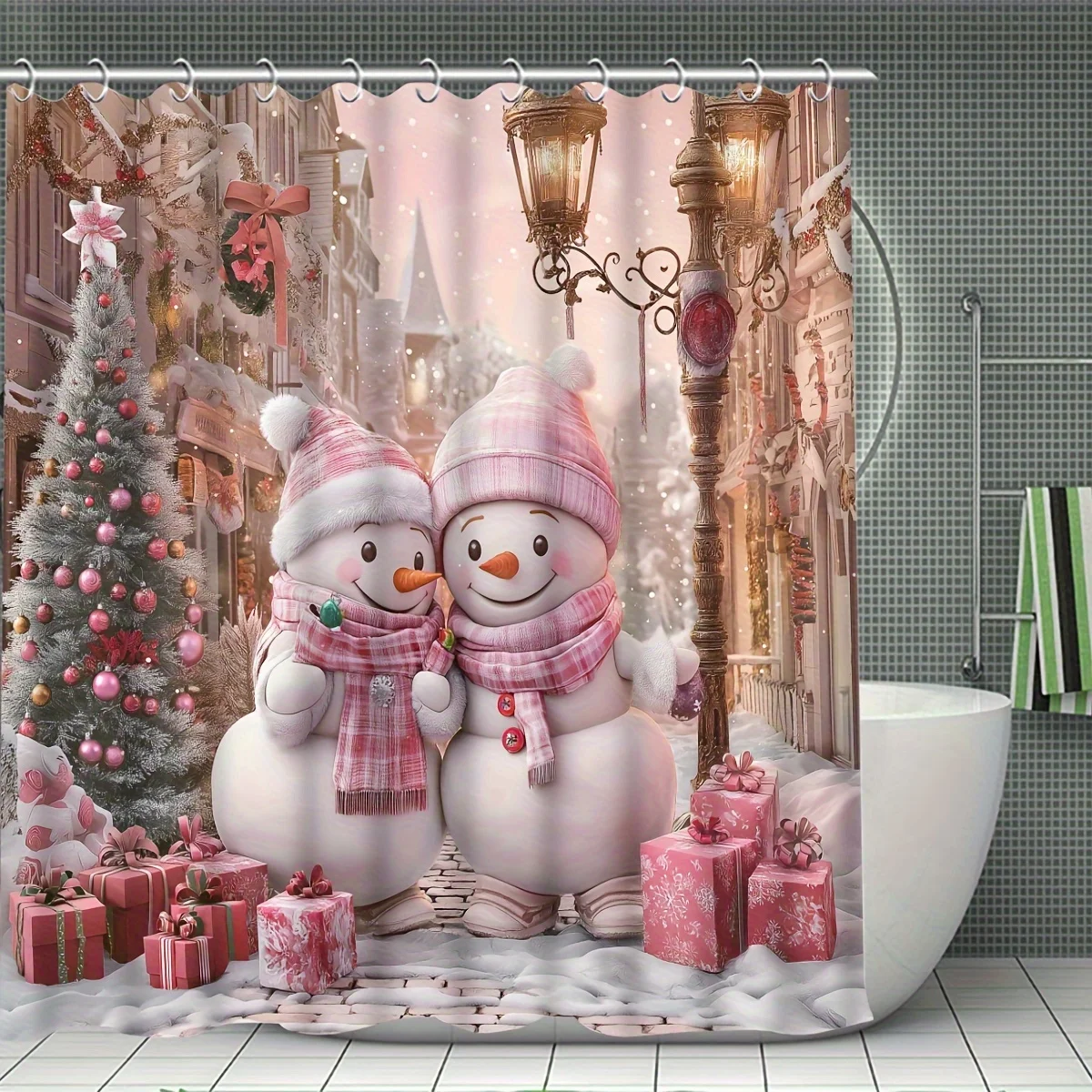 4PCS Christmas Winter Shower Set – Cute Snowman Pink Print 12 Hooks Non-Slip Mat U-Seat Cover Holiday Bathroom Decor