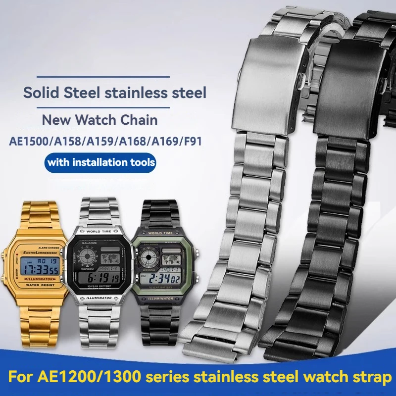 For Casio 3299 AE1200/1300/1500 AE-1200 AE-1200wh AE-1300 Solid Stainless Steel Strap 18mm Fine Steel Metal Case Wristband