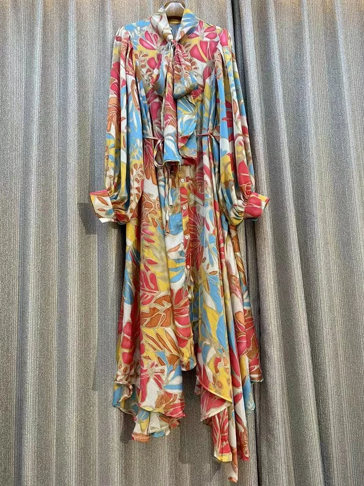 Retro geometric printed bow collar single-breasted long-sleeved dress 2025 autumn women's fashion loose irregular puffy dress