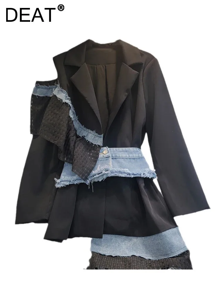 

DEAT Women's Blazer Patchwork Denim Design Irregular Off Shoulder Hollow Out Waist Suit Jackets Autumn 2024 New Fashion 33A1883