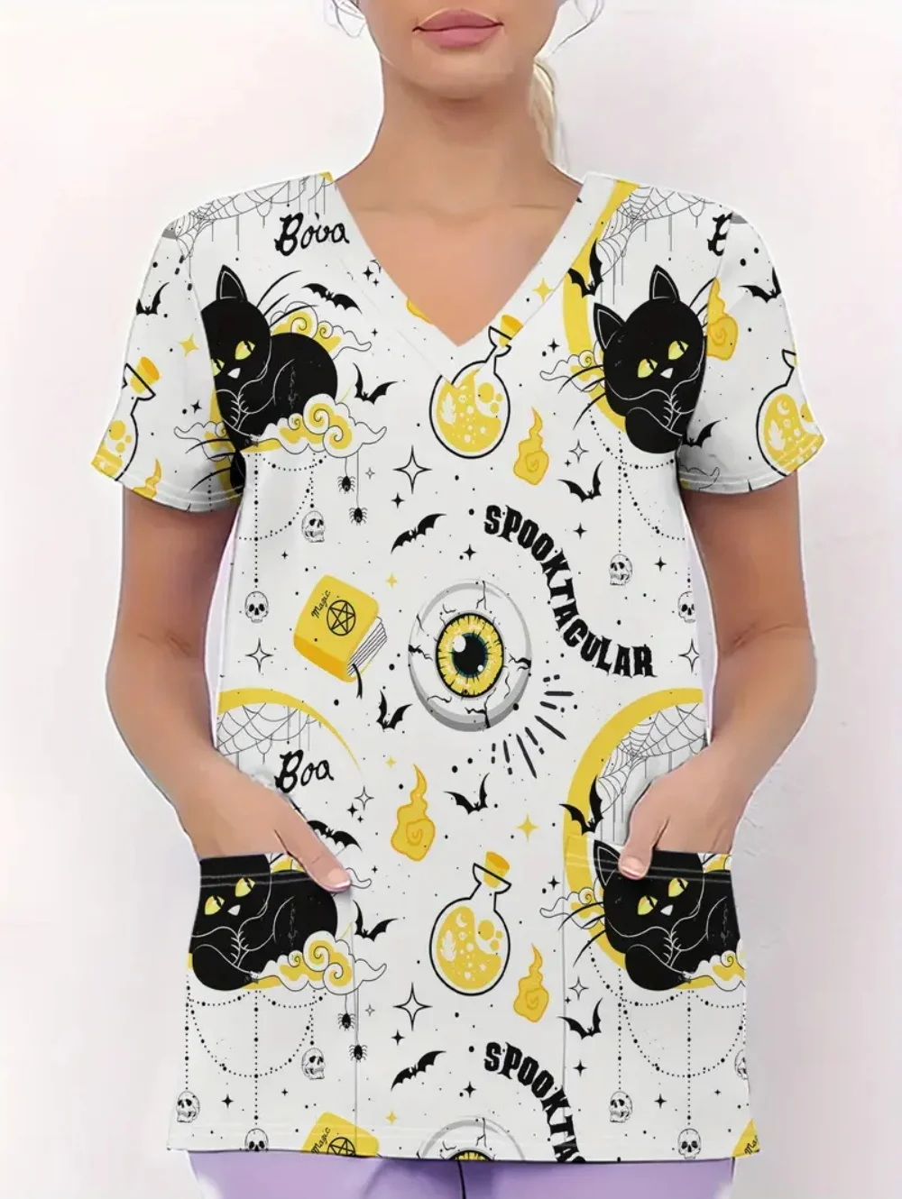 Halloween uniformes cirúrgicos mulher fantasma dos desenhos animados impressão vett-camisa casual com decote em v manga curta com bolsos esfoliantes cirúrgicos femininos