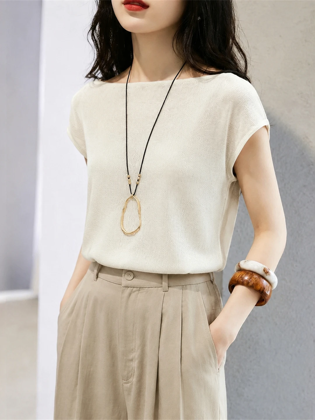 

Fashionable Knitted Ice Silk Hoodie Commute Stylish Top Korean Style Straight Cut Short Sleeve Pure Color Easy Wear Summer Shirt