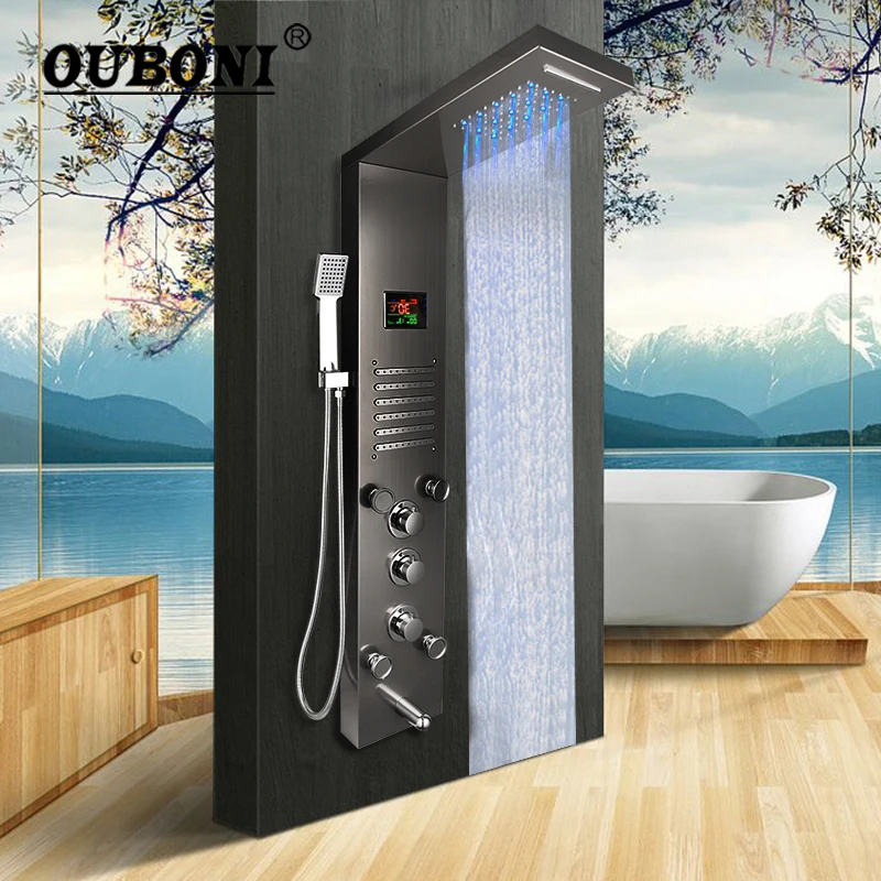 

OUBONI Nickel Brushed Dark Grey Digital Display Shower Panel Column LED Rain Waterfall Shower Spa Jets Bath Shower Mixer Faucet