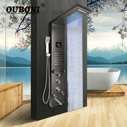 OUBONI Nickel Brushed Dark Grey Digital Display Shower Panel Column LED Rain Waterfall Shower Spa Jets Bath Shower Mixer Faucet