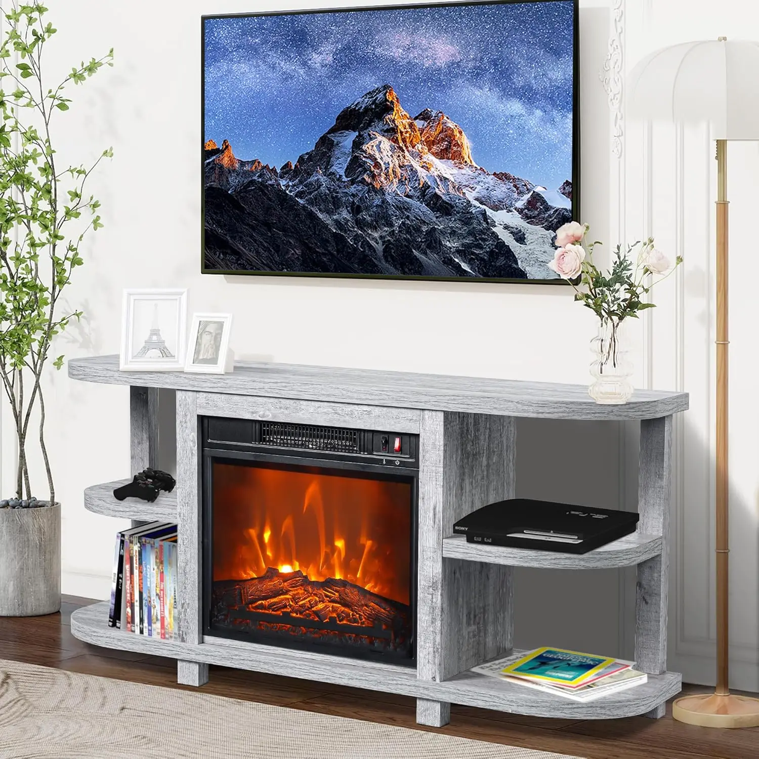 

48" TV Stand with 18" Electric Fireplace Heater, Modern Storage Cabinets for TVs up to 55", Entertainment Media Stand w/ Shelves