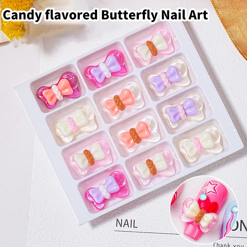 โบว์เรซิ่นผสม10ชิ้น/ถุงการตกแต่งศิลปะเล็บอะคริลิก3D เสน่ห์น่ารักชิ้นส่วนอุปกรณ์ทำเล็บพลอยเทียม DIY โบว์สีสันสดใส